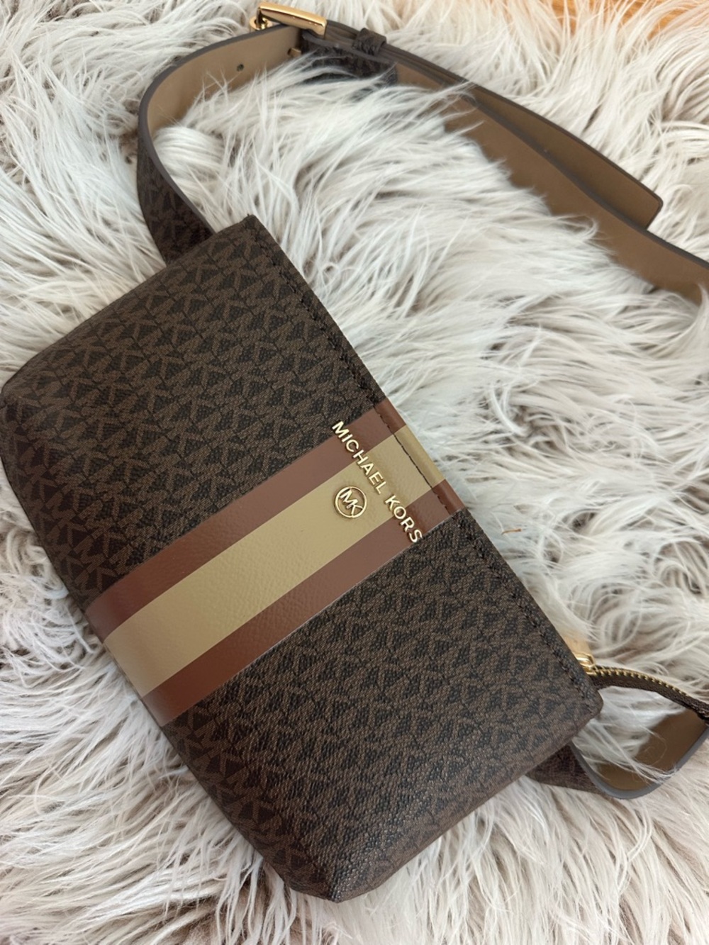 Michael Kors Brown Logo Crossbody with Tan & Cream Stripe